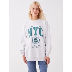 LCW Vision Gri Bisiklet Yaka Baskılı Oversize Kadın Kalın Sweatshirt
