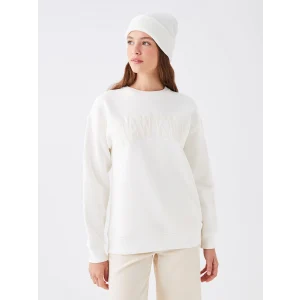 LCW Vision Ekru Bisiklet Yaka Nakışlı Kadın Kalın Sweatshirt