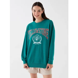 LCW Vision Yeşil Bisiklet Yaka Baskılı Uzun Kollu Oversize Kadın Sweatshirt