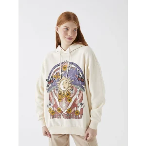 XSIDE Bej Baskılı Oversize Kadın Kalın Hoodie