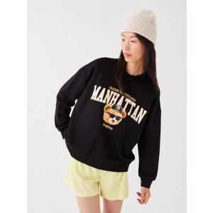 LCW Vision Siyah Bisiklet Yaka Baskılı Uzun Kollu Oversize Kadın Sweatshirt