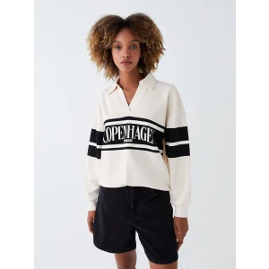 LCW Vision Bej Polo Yaka Baskılı Oversize Kadın Sweatshirt