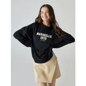 LCW Vision Siyah Bisiklet Yaka Baskılı Uzun Kollu Oversize Kadın Sweatshirt