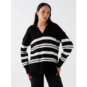 LCW Vision Beyaz Polo Yaka Çizgili Oversize Kadın Triko Kazak