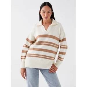 LCW Vision Bej Polo Yaka Çizgili Oversize Kadın Triko Kazak