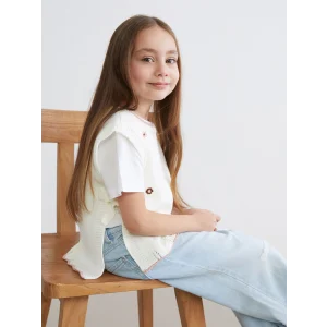 LCW Kids Ekru Bisiklet Yaka Çiçekli Kız Çocuk Triko Süveter