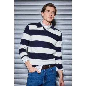 Defacto Y4194AZNV64 Lacivert Standart Fit Polo Yaka Düğmeli Renk Bloklu Triko Kazak