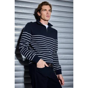 Defacto F1522AXNV64 Lacivert Standart Fit Yarım Fermuarlı Çizgili Triko Kazak