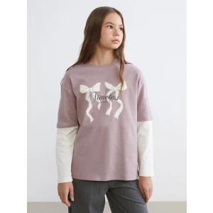 LCW Kids Lila Bisiklet Yaka Fiyonk Baskılı Kız Çocuk Tişört