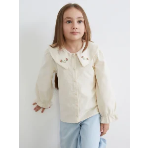 LCW Kids Ekru Bebe Yaka Çiçekli Kadife Kız Çocuk Gömlek