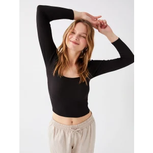LCW Vision Siyah U Yaka Düz Uzun Kollu Kadın Crop