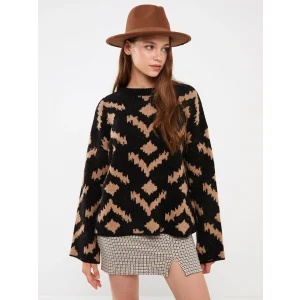 LCW Vision Siyah Bisiklet Yaka Desenli Oversize Kadın Triko Kazak