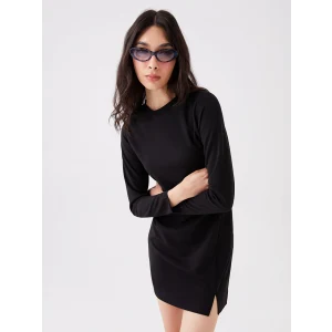 LCW Vision Siyah Bisiklet Yaka Düz Uzun Kollu Elbise