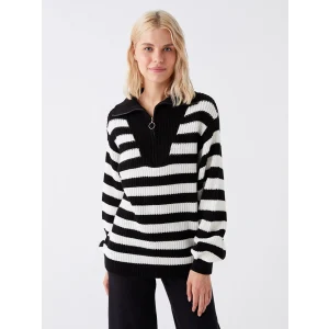 LCW Vision Siyah Dik Yaka Çizgili Kadın Triko Kazak