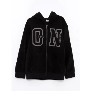 LCW Kids Siyah Kapüşonlu Nakışlı Uzun Kollu Polar Erkek Çocuk Fermuarlı Sweatshirt