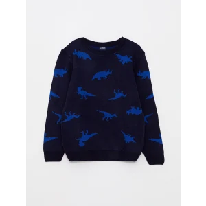 LCW Kids Lacivert Bisiklet Yaka Desenli Uzun Kollu Erkek Çocuk Triko Kazak