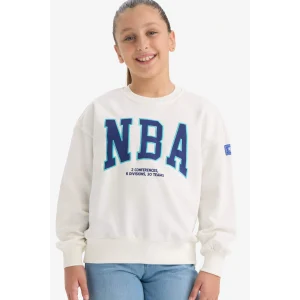 Defacto F3200A8ER105 Ekru Kız Çocuk NBA Wordmark Oversize Geniş Kalıp Bisiklet Yaka Sweatshirt