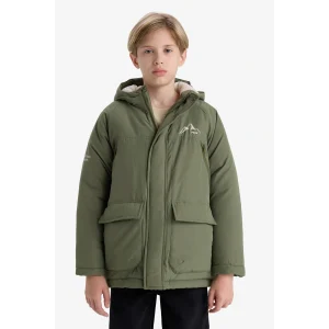 Defacto E9285A8KH450 Haki Erkek Çocuk Su İtici Kapüşonlu Polar Astarlı Mont