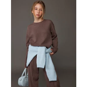 LCW Kids Kahverengi Bisiklet Yaka Kız Çocuk Sweatshirt