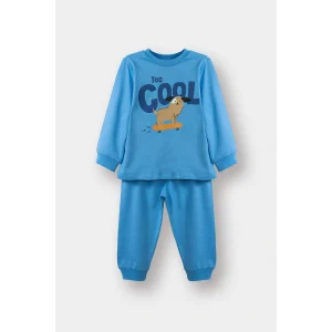 Defacto G4403A5BE339 Mavi Erkek Bebek Pijama Takımı Baskılı Uzun Kollu Penye Üst Uzun Alt