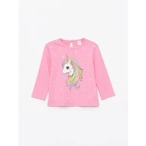LCW Kids Pembe Bisiklet Yaka Uzun Kollu Baskılı Kız Bebek Tişört