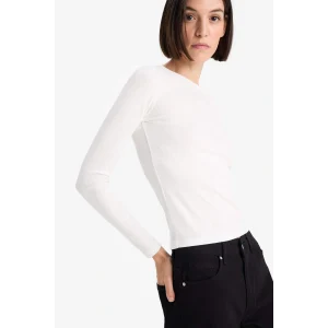 Defacto E5767AXER105 Ekru Slim Fit Dar Kesim Basic Düz Fitilli Kaşkorse Uzun Kollu Tişört