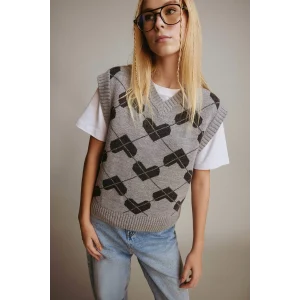 Defacto F9541AXGR256 Gri Coool Regular Fit V Yaka Desenli Süveter