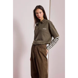 Defacto G3675AXKH260 Haki Loose Fit Polo Yaka Baskılı Uzun Kollu Tişört