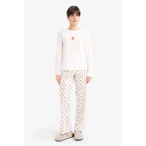 Defacto G3349AXER85 Ekru Pijama Takımı Regular Fit Baskılı Uzun Kollu Üst Desenli Uzun Alt-Fall in Love