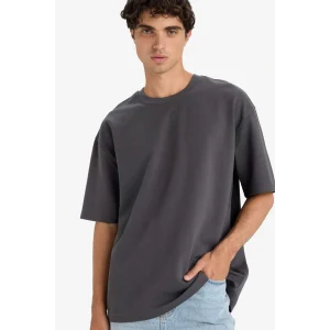 Defacto E9798AXAR104 Antrasit Oversize Geniş Kalıp Bisiklet Yaka Ağır Kumaş Basic Düz Kısa Kollu Tişört