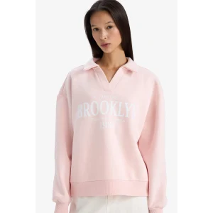 Defacto G6412AXPN364 Pembe Relax Fit Polo Yaka Baskılı Kalın Sweatshirt