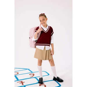 Defacto F1418A8BG219 Bej Kız Çocuk Okul Pileli Beli Lastikli Gabardin Şort Etek