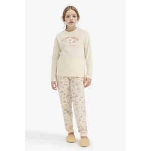 Defacto F6231A8ER91 Ekru Kız Çocuk Pijama Takımı Baskılı Uzun Kollu Üst Desenli Uzun Alt