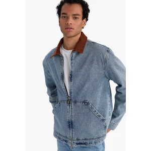 Defacto F8308AXNM39 Mavi Relax Fit Kontrast Yaka Düğmeli Denim Ceket