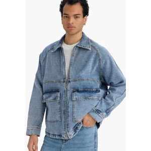 Defacto F0097AXNM39 Mavi Relax Fit Fermuarlı Denim Ceket