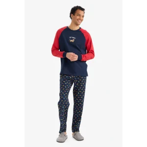 Defacto G2905AXNV135 Lacivert Pijama Takımı Regular Fit Baskılı Uzun Kollu Üst Uzun Alt