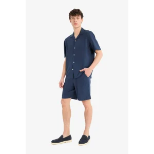 Defacto D9913AXNV256 Lacivert Relax Fit Beli Bağcıklı Keten Karışımlı Bermuda Şort