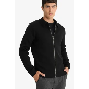 Defacto D3592AXBK27 Siyah Standart Fit Polo Yaka Basic Düz Fermuarlı Triko Hırka