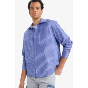 Defacto G6194AXBE410 Mavi Boxy Fit Çizgili Uzun Kollu Gömlek