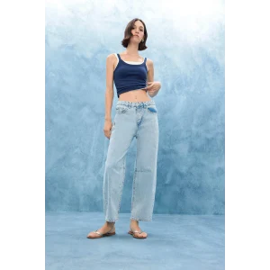 Defacto F6102AXNM39 Mavi Barrel Fit Normal Bel Bilek Boy Jean Yıkamalı Pantolon