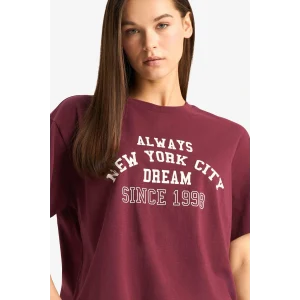 Defacto E9741AXBR98 Bordo Oversize Geniş Kalıp Bisiklet Yaka Baskılı Kısa Kollu Tişört