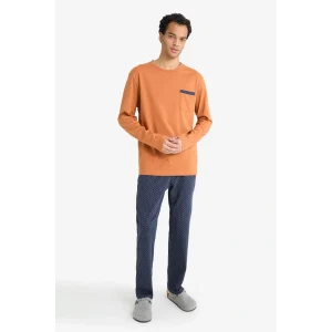 Defacto G2645AXNV135 Lacivert Pijama Takımı Regular Fit Uzun Kollu Üst Uzun Alt