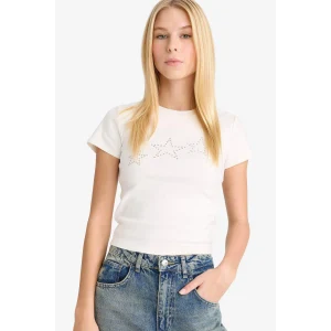 Defacto G2770AXWT32 Beyaz Coool Fitted Yıldız Desenli Ribana Kısa Kollu Tişört