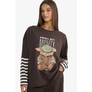 Defacto F8917AXBN130 Kahve Coool Star Wars Oversize Geniş Kalıp Bisiklet Yaka Uzun Kollu Tişört