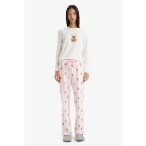 Defacto G3346AXPN648 Pembe Pijama Takımı Regular Fit Ayı Baskılı Uzun Kollu Üst Desenli Uzun Alt-Fall in Love