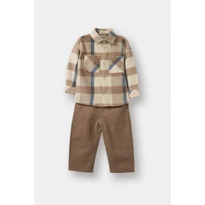 Defacto G3226A5ER118 Ekru Erkek Bebek 2li Takım Kareli Flanel Gömlek Pantolon