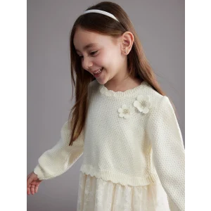 LCW Kids Ekru Çiçek Aplikeli Kız Çocuk Tüllü Elbise