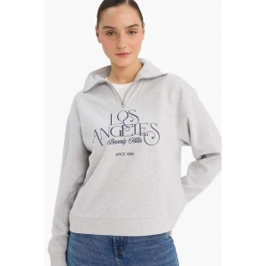 Defacto G6692AXGR93 Gri Regular Fit Yarım Fermuarlı Baskılı Sweatshirt