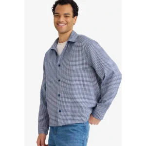 Defacto G6417AXPR469 Mor Boxy Fit Kareli Dokuma Uzun Kollu Gömlek