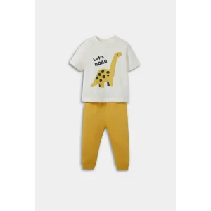 Defacto F3479A5ER134 Ekru Erkek Bebek 2li Takım Dinozor Baskılı Kısa Kollu Tişört Eşofman Altı